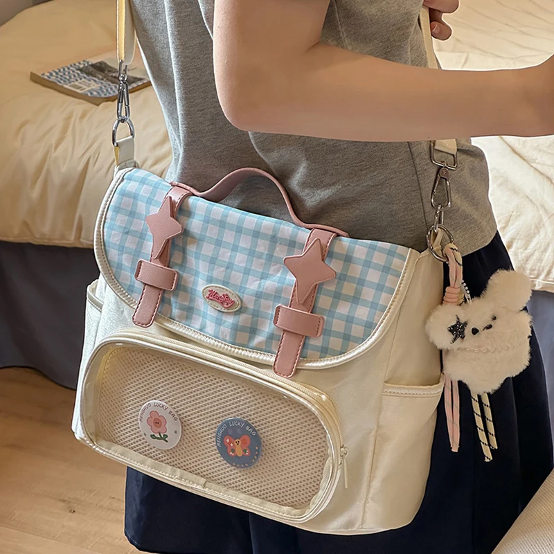 

HAEX Plaid Women Backpacks 2025 Harajuku DIY Anime Badge Students Commute Ita Bags Trend Floral Print Crossbody Shoulder Bag