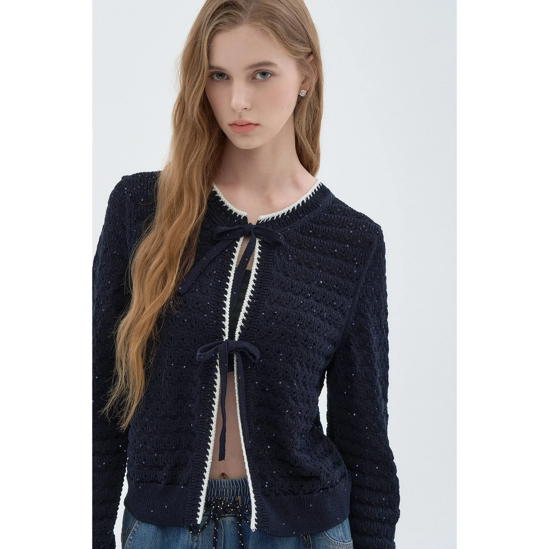 Lemon Cheese 26 Spring Anti-Aging Versatile round Neck Hollow out Knitted Belted Short Cardigan Women's Elegant Style Long Sl...