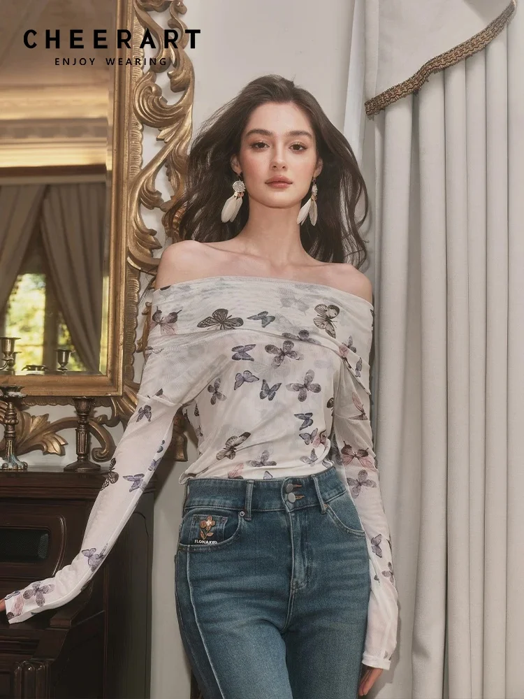 

CHEERART Укороченный топ с открытыми плечами и длинными рукавами для женщин Футболка с сеткой Дизайнерская футболка Мода 2025 Осенняя одежда