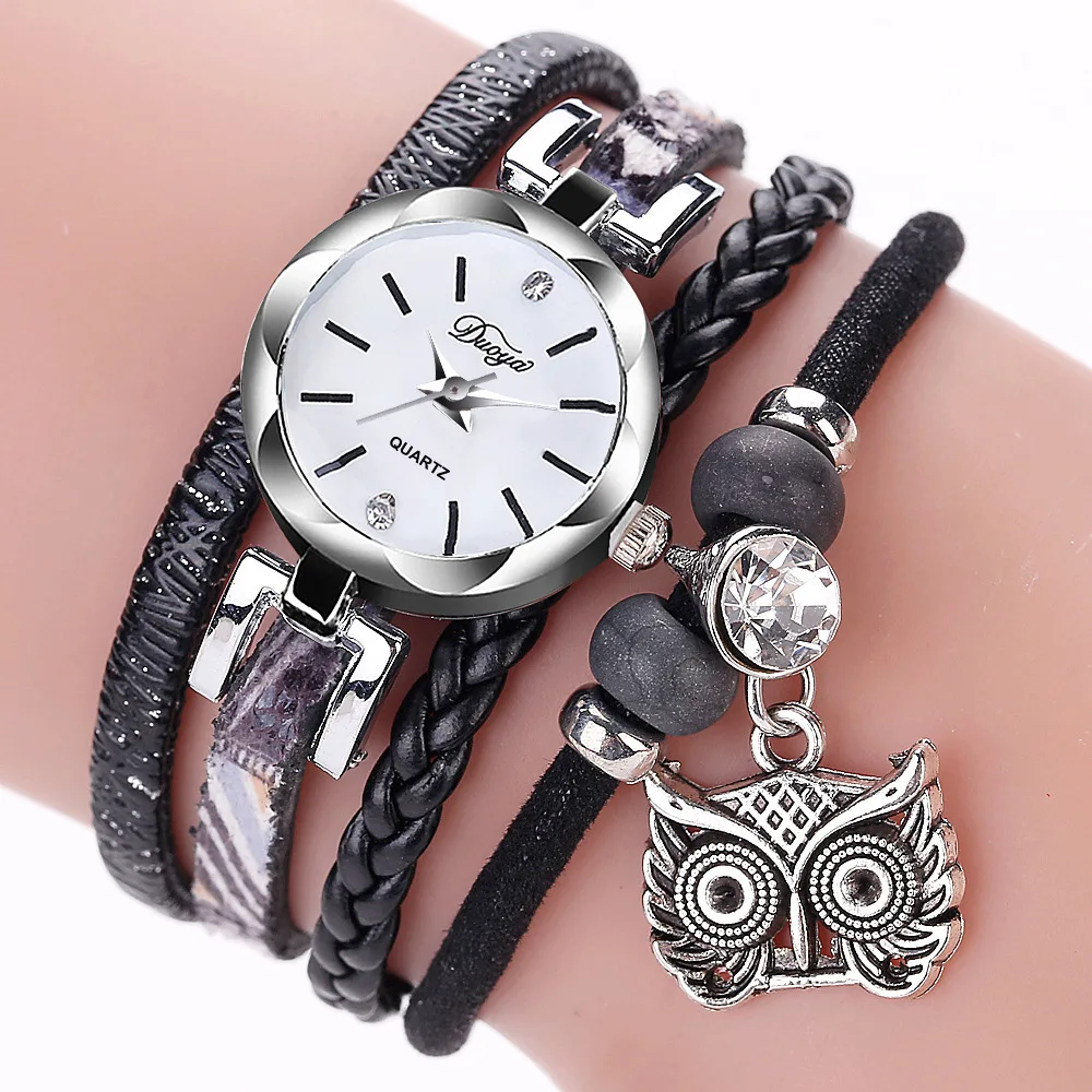 Reloj de pulsera tejido hecho a mano para Mujer, pulsera con colgante de búho Vintage, esfera pequeña, correa larga, relojes de pulsera de cuarzo para Mujer