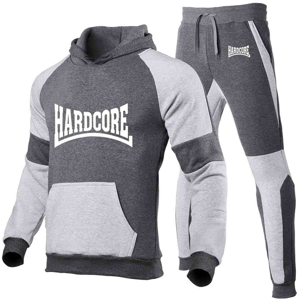 Hardcore marca masculina primavera e outono novos ternos impressão casual pulôver cor combinando com capuz + moletom conjunto de duas peças
