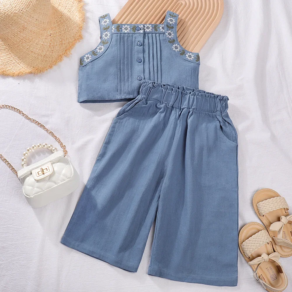 3 4 5 6 7 Years Summer Girls Clothing Sets New Embroidered Vintage Top + Cotton Wide Leg Pants Casual Two Piece Set Kids Clothes