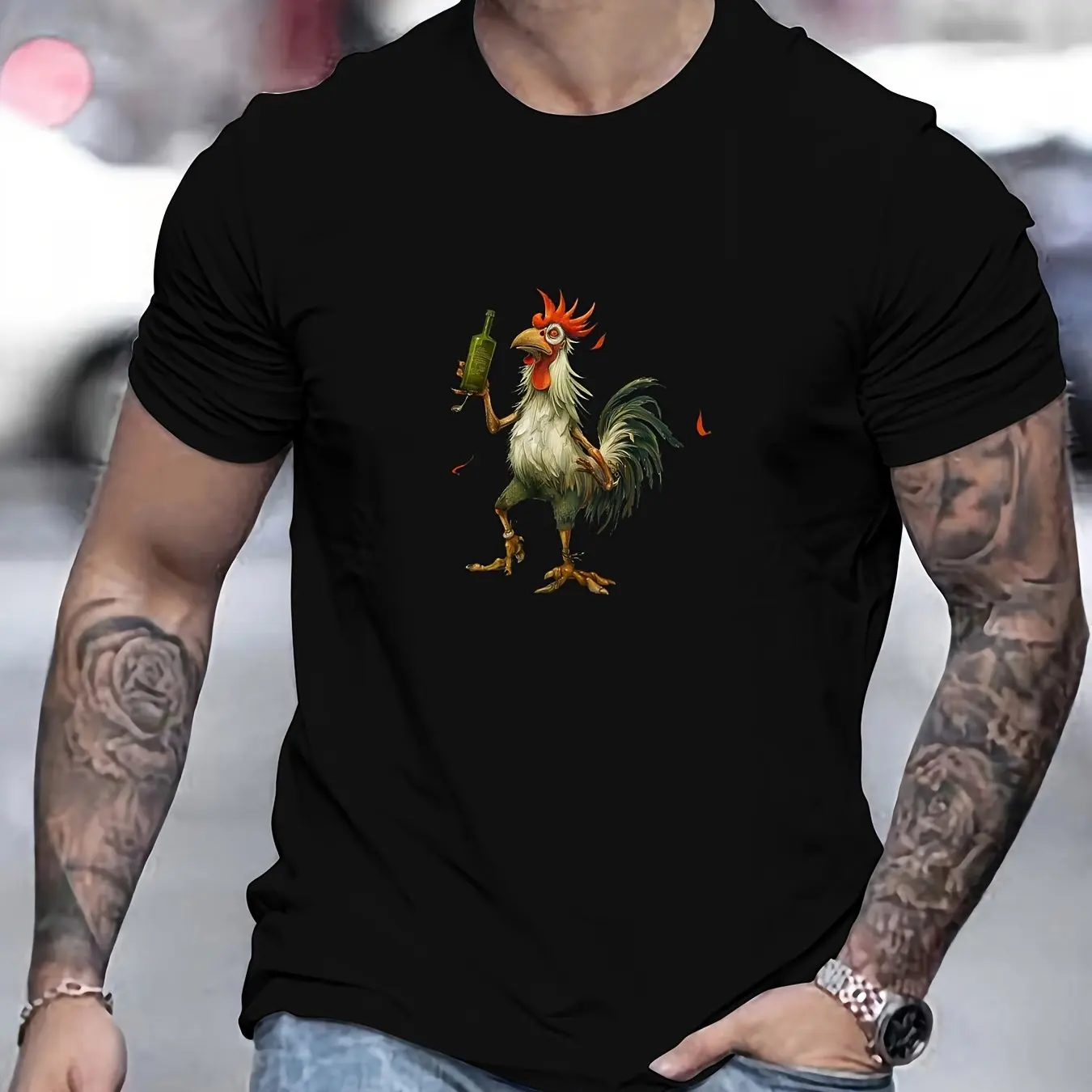 Camiseta informal con cuello redondo y estampado de cerveza de gallo para hombre, camiseta de verano de manga corta de algodón con tejido de punto de ajuste Regular elástico ligero