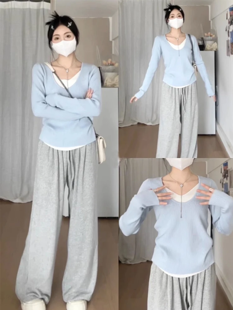 

Элегантный синий вязаный комплект из двух предметов: топ с длинным рукавом и юбка, милый и очаровательный, для весны и осени