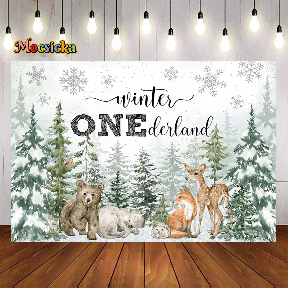 

Winter Baby Show Background Photography Green Snowy Pine Trees Wonderland Backdrop Forest Animals Kids Birthday Party Photozone