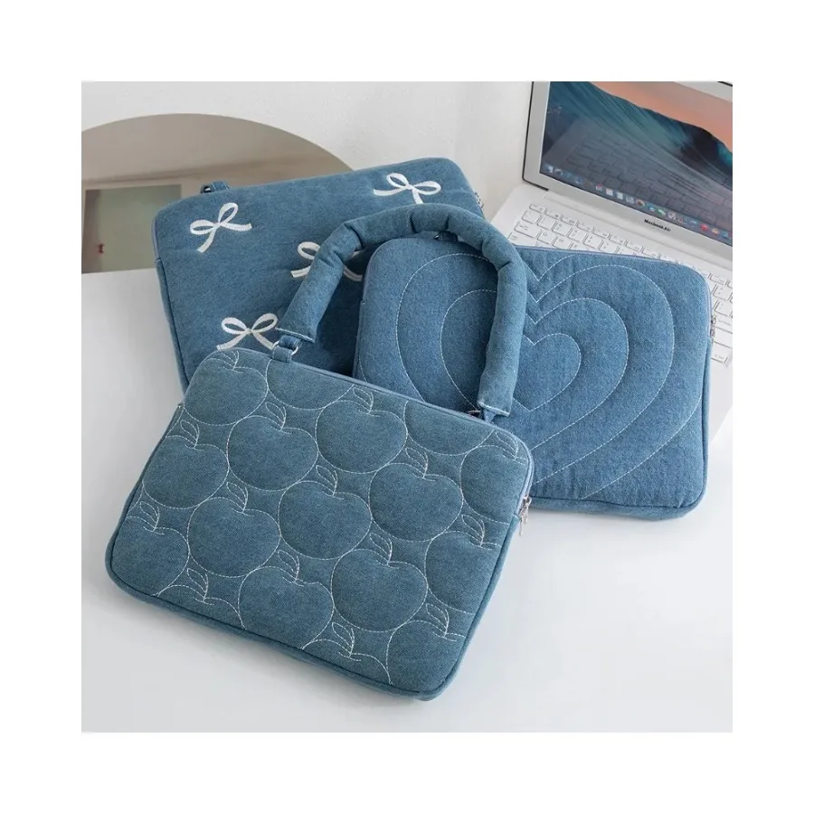 Portable Denim Embroidery Laptop Storage Pouch Liner Bag For 14 Inch Notebook