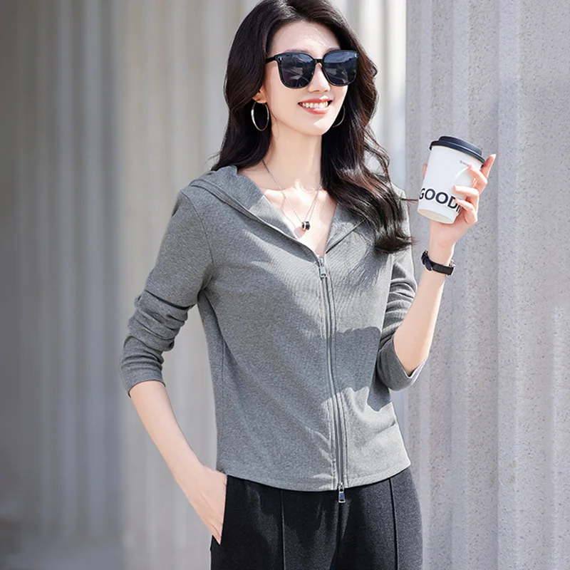 New Women Spring Autumn Hooded T-shirt Fashion Casual Long Sleeve Gray Hoodies Simplicity Solid Color Basic Loose T-shirt