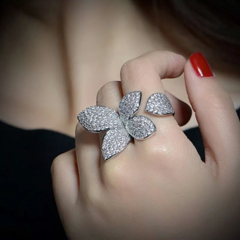 New Fashion Luxury Cubic Zirconia Women\'s Rings Oversized Butterfly Flower Rings for Women Open Resizable Female Engagement Ring