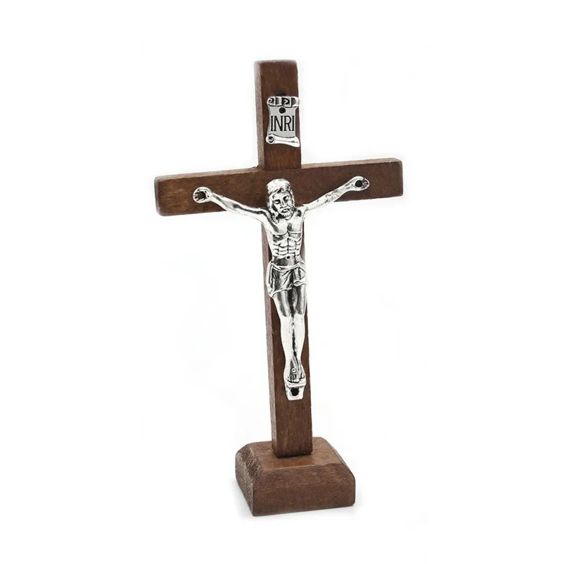 Cruz católica de Jesús de madera con soporte, crucifijo de pie cristiano religioso Vintage, estante para el hogar, adornos de mesa, 1 unidad