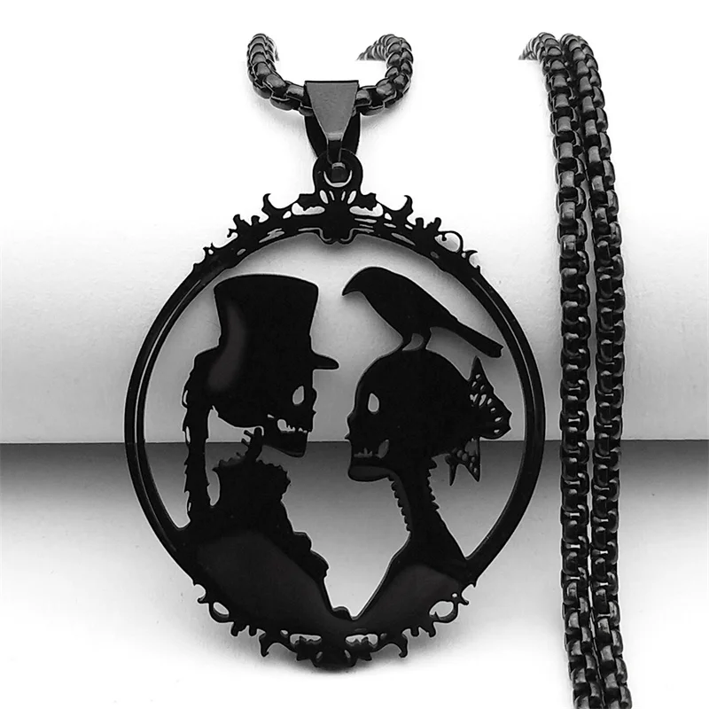 Gothic Braut und Bräutigam Edelstahl Totenkopf Krähe Anhänger Halskette für Frauen Männer Schwarz Fotorahmen Paar Schmuck Party Geschenk – Detail 8