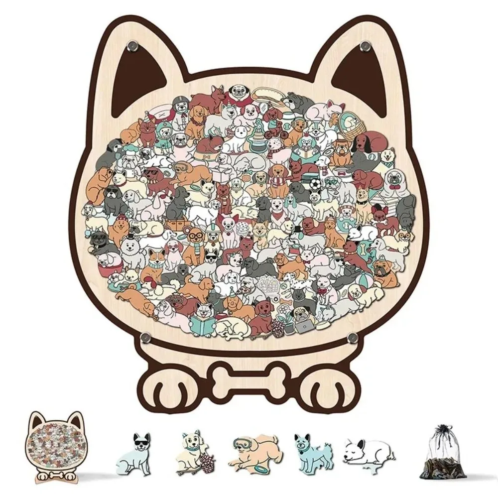 135-piece Morandi-colored Dog-shaped Puzzle Macaron Color with Dog Silhouette Frame Dog Wooden Jigsaw Puzzle