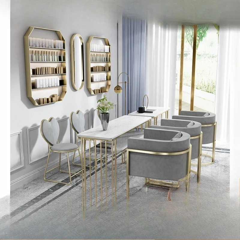 

Набор для маникюра: скандинавский железный стол с двойным мраморным покрытием и стул, диван-кресло для инфлюенсеров, одноместное/двухместное, специальное золотое кресло для маникюра.