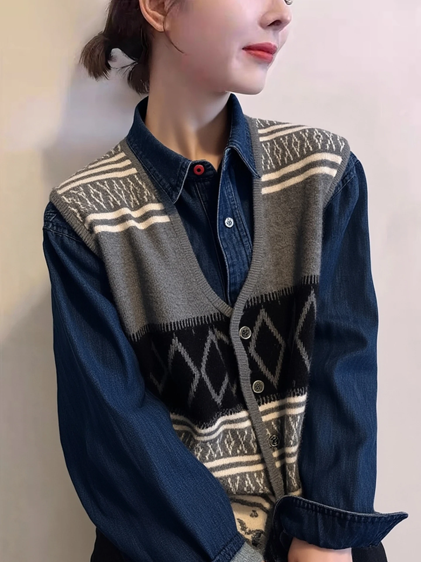 

Модный вязаный жилет с V-образным вырезом 2022, зимний дизайн, сращивание на одной пуговице, морской цвет, Blo Commute Sle, женские J...