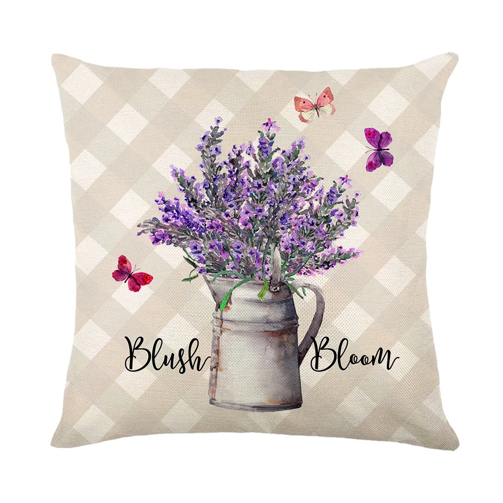 Lavender Printed Cushion Cover Simple Flowers Bicycle Pattern Plaid Pillow Covers 18x18 Inches Home Decor Linen Throw Pillowcase