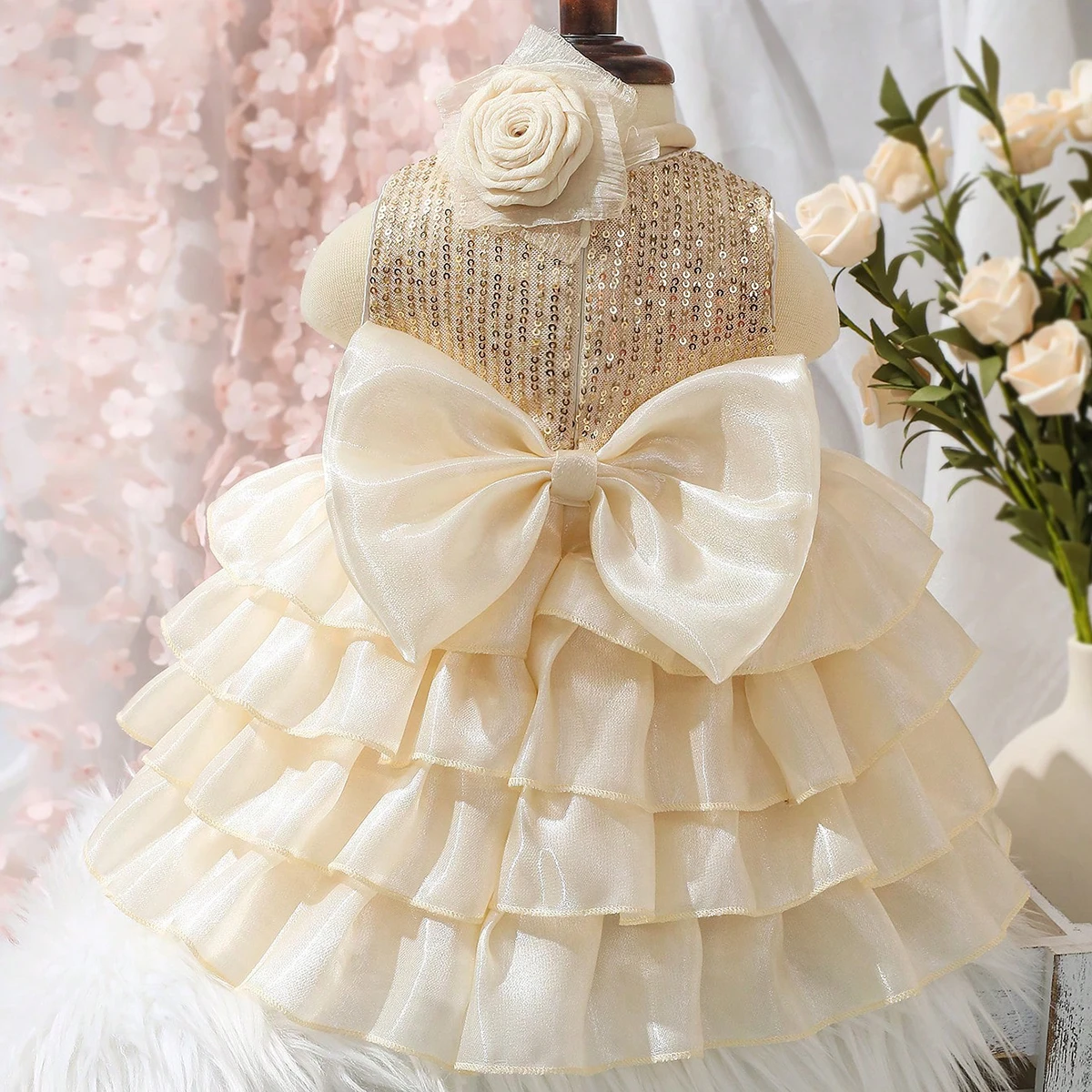 فستان حفلات للفتيات حديثي الولادة من Ylsteed لالتقاط الصور فستان توتو لامع مع عصابة رأس على شكل زهور وردية للتصوير الفوتوغرافي للفتيات الصغيرات O #2