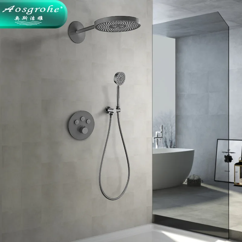 Modern Brass Thermostatic Concealed Shower Faucet Set System 300mm Extra-Large Rainfall Shower Head 3-Mode Shower Set,Grey,Black