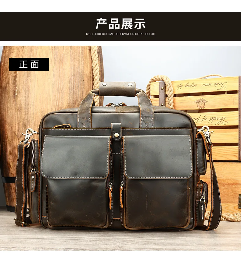 Highend A4 Vintage Black Coffee Genuino Cuoio Executive Valigetta da uomo Portafoglio 15.6 '' 14 '' Borsa per laptop Borse a tracolla