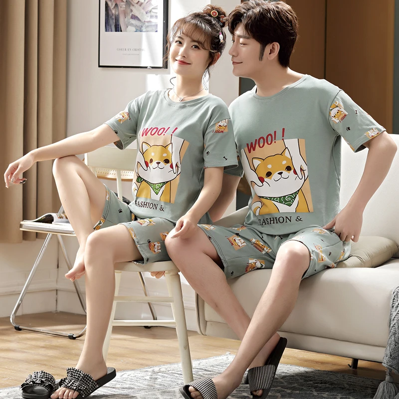 Cartoon Paar Pyjamas Sets Frauen Pijama Baumwolle Koreanische Männer Nachtwäsche Kawaii Hund Kurzarm Liebhaber Nacht-Kleidung 2PCS nachtwäsche