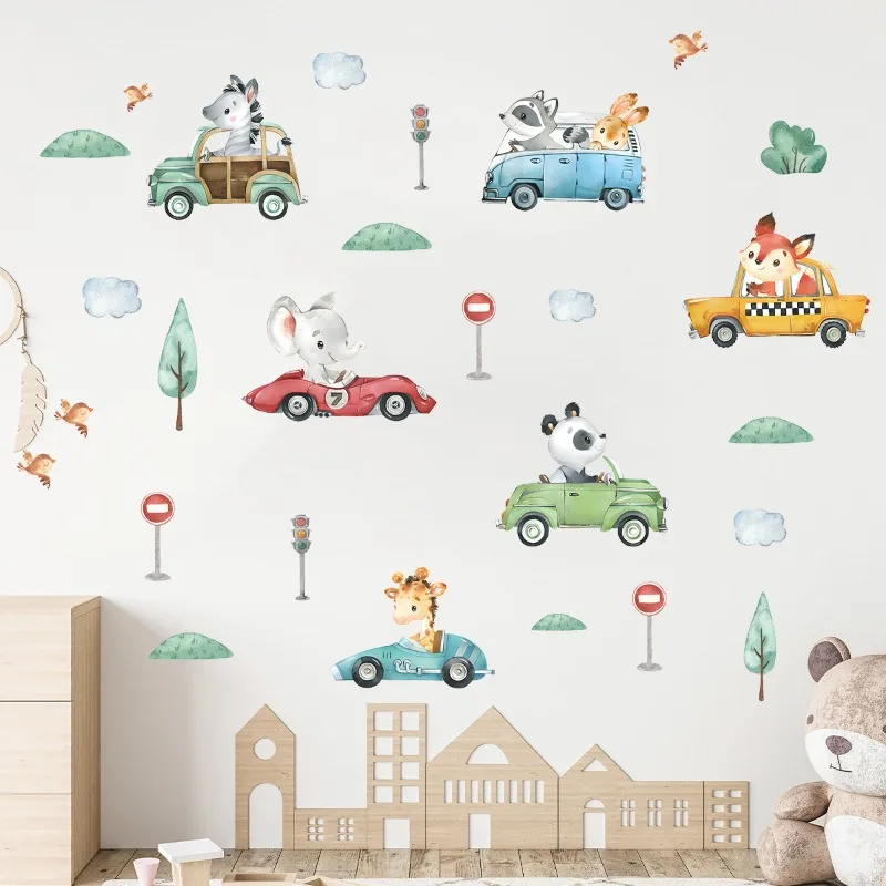 

Cartoon Cute Animals Car Self-adhesive Wall Stickers Removable for Kids Room Baby Bedroom Classroom Nursery Wall Decoration