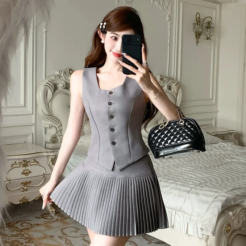 High Quality Korean Elegant Fashion OL 2 Piece Sets Women Outfit Casual Vest Tops + Pleated Skirt Set Sweet Two Piece Suits