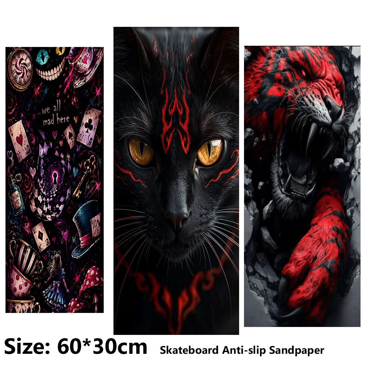 Electric Scooter Anti-slip Sticker Sandpaper Skateboard GripTape Sheet 60*30cm Red Tiger and Cat Graffiti Pattern