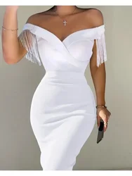 Vrouwen Jurk Zomer Sexy Effen Hoge Taille Jurken Dames Slash Nek Avond Kwastje Backless Splits Midi Vestidos Feestkleding