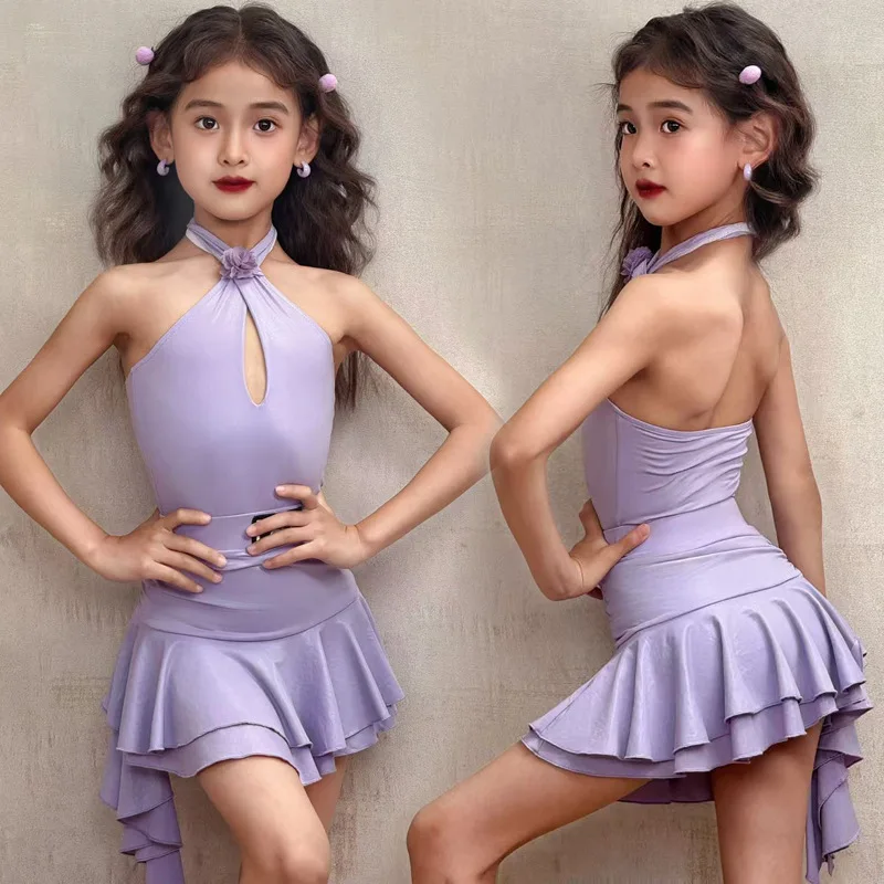 

Customized Latin Dance Suit Practice Dress Girls Competition Performance Dress Violet Bright Pilates Practice Suit Split Set