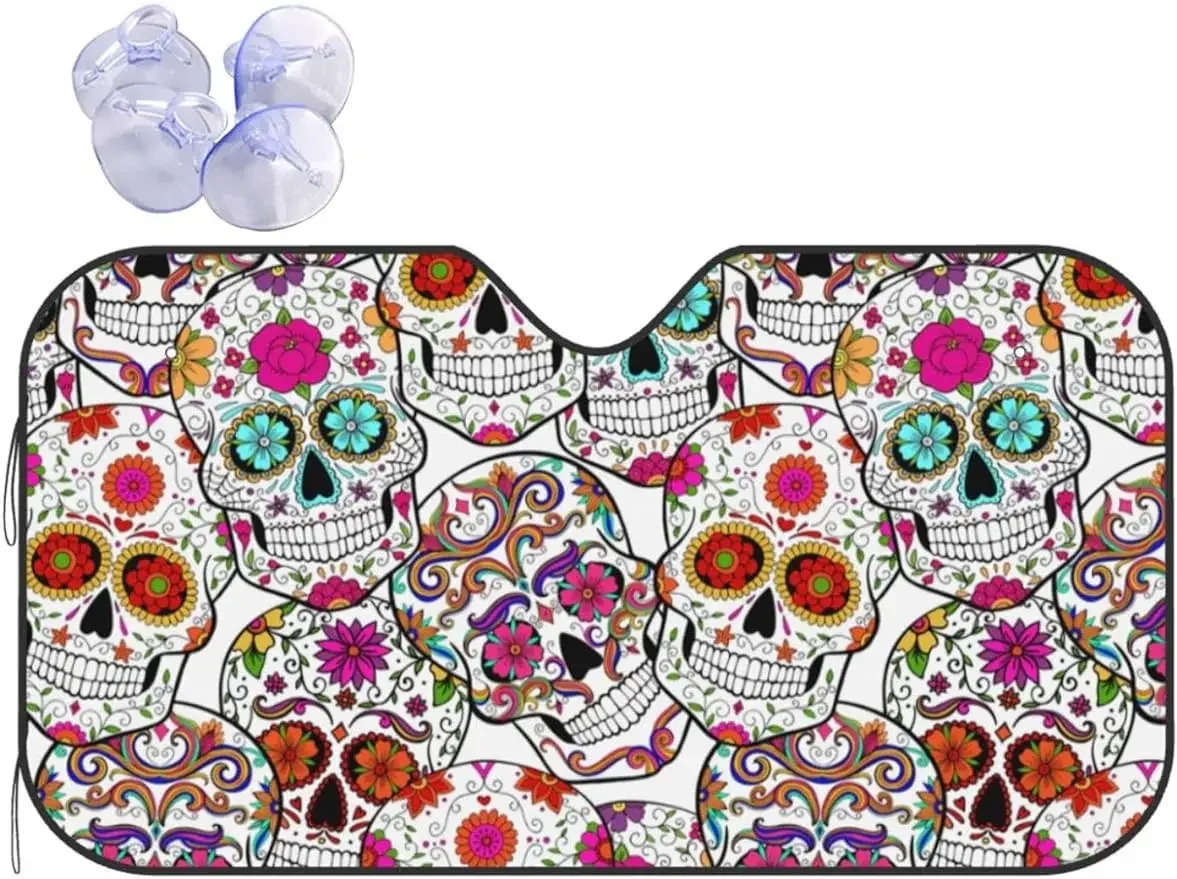 Sugar Skull Flowers Car Windshield Front Sunshade Sun Visor Protector Front Window Sun Shade for Car SUV Truck Blocks UV Rays