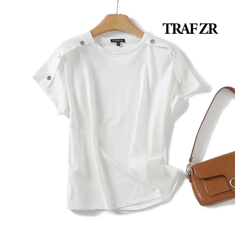 TRAF ZR T-shirts for Women Cooton O-neck Solid Short Sleeve Tee Basic Women\'s T-shirts Aesthetic T-shirts Y2k Top Women T-shirt