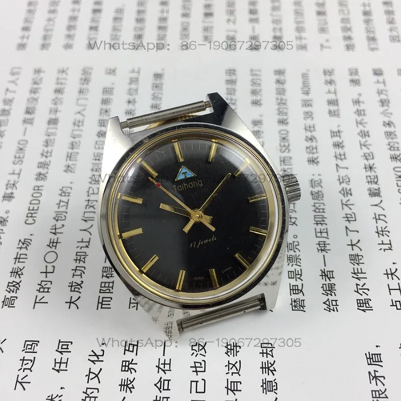 24時間発送-タイハンブランド-中型オールスチール製-黒色表面-手巻き式機械式腕時計-直径32mm