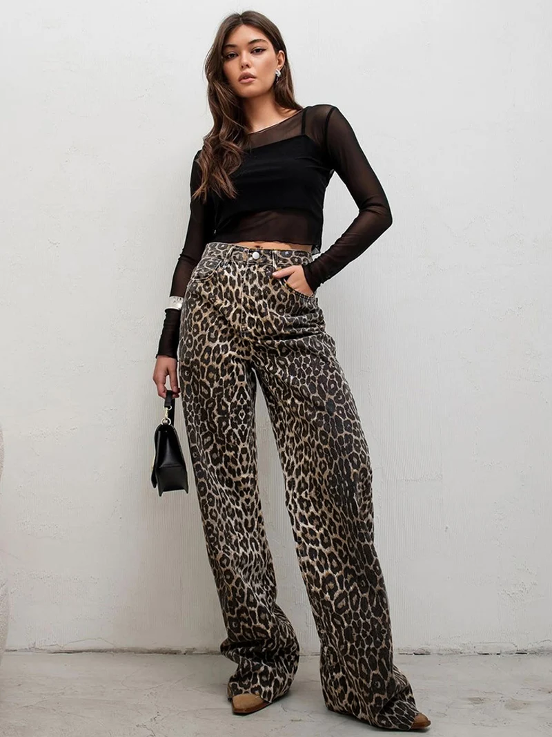 DGLUKE Vintage Leopard Jeans Woman High Waist Autumn Winter Trousers Y2K Streetwear Harajuku Straight Denim Jeans Pants