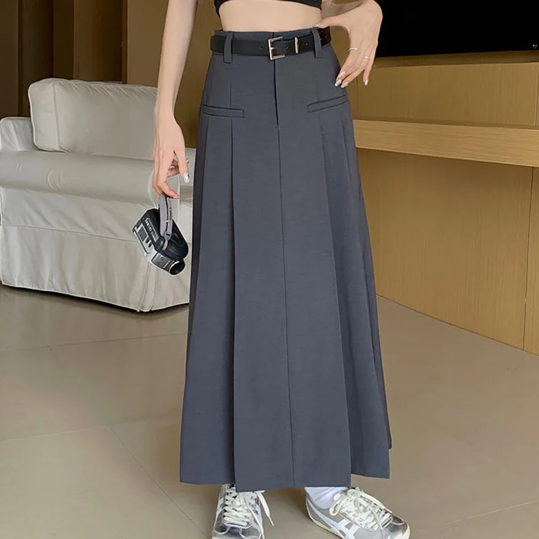 3Colors S-XL Spring Summer Female Skirts 2023 Women High Waist Suit Pleated Long A Line Maxi Skirt Female+belt