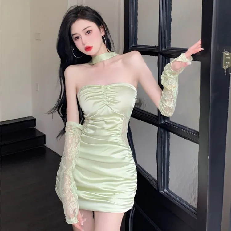 Korejepo Satin Acetate Sexy Dresses Babes Lace Hollow Waist Slim Dress Women High Street Sweet Green Suspender Babes Vestido