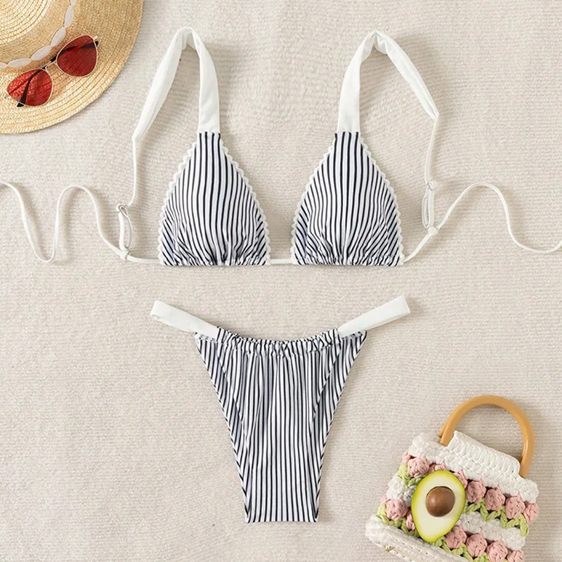 

Sexy White Black Striped Bikinis Sets Two Pieces Tie Backless Thong Swimsuit Swimwear Bathing Suit Beach Outfits Biquini Tankini