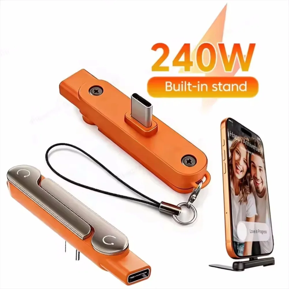 Câble de données pliable 2-en-1 noir/orange 240W à charge rapide avec support pliable pour téléphone et tablette, Type-C vers Type-C