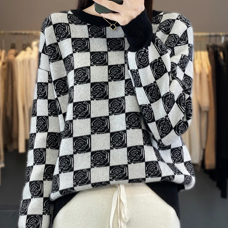 Round Neck Long Sleeved 100%Wool Sweater For Women's Autumn Winter Color Matching Checkered Jacquard  Pullover Fashionable Top