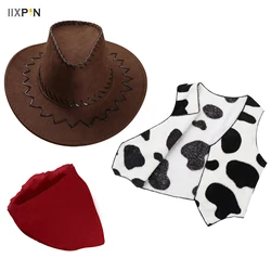 New Kids Western Cowboy Hat Cap With Bandanna Scarf Vest Set Children Boys Girls Halloween Cosplay Party Costume Accessories