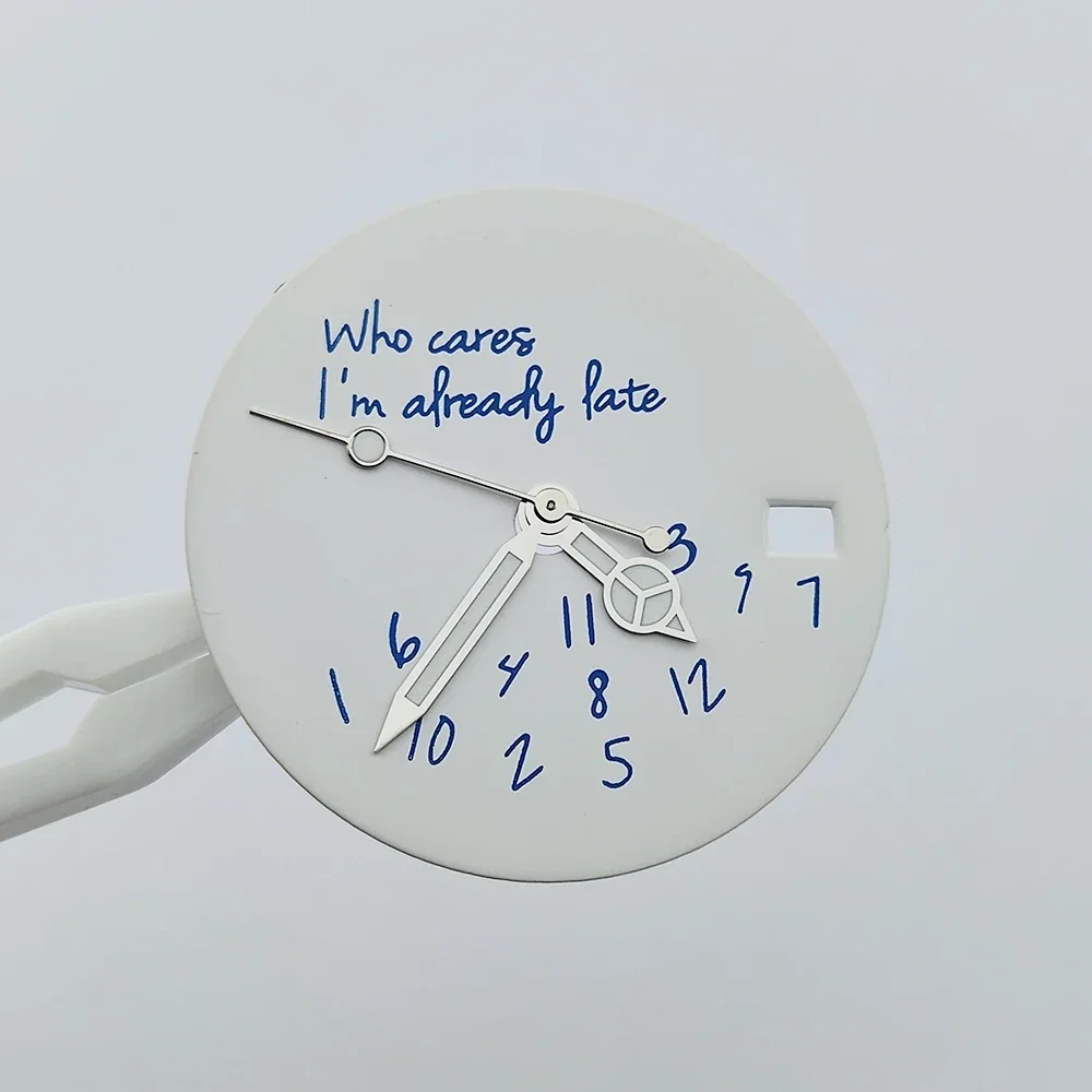 

28.5mm Watch Dial Hands Needles Who cares im already late nh35 Sterile Dial Watch Parts Watch Face Fit NH35 Movement No Logo