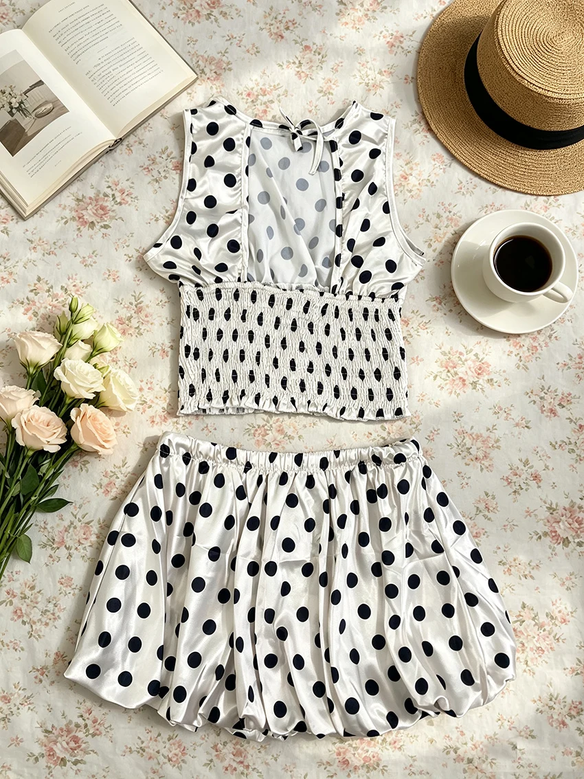 Conjunto de dos piezas de satén de lunares Coquette para señoras, conjunto gótico con camisa elástica, cintura hacia atrás, corbata de ojo de cerradura, Bubble, dobladillo, conjuntos de pantalones cortos sin mangas