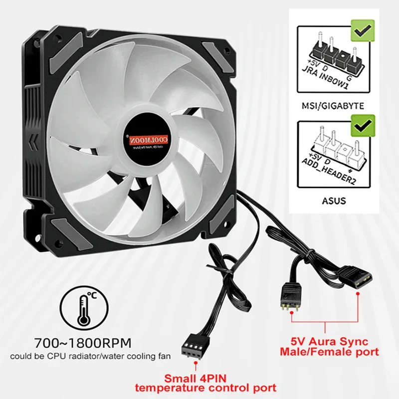 COOLMOON ARGB Computer Case Fan 12cm 5V 3Pin Aura Sync 16million Colors Light Effect PWM Temp-adjust Multiple Kit with 3in1 Hub