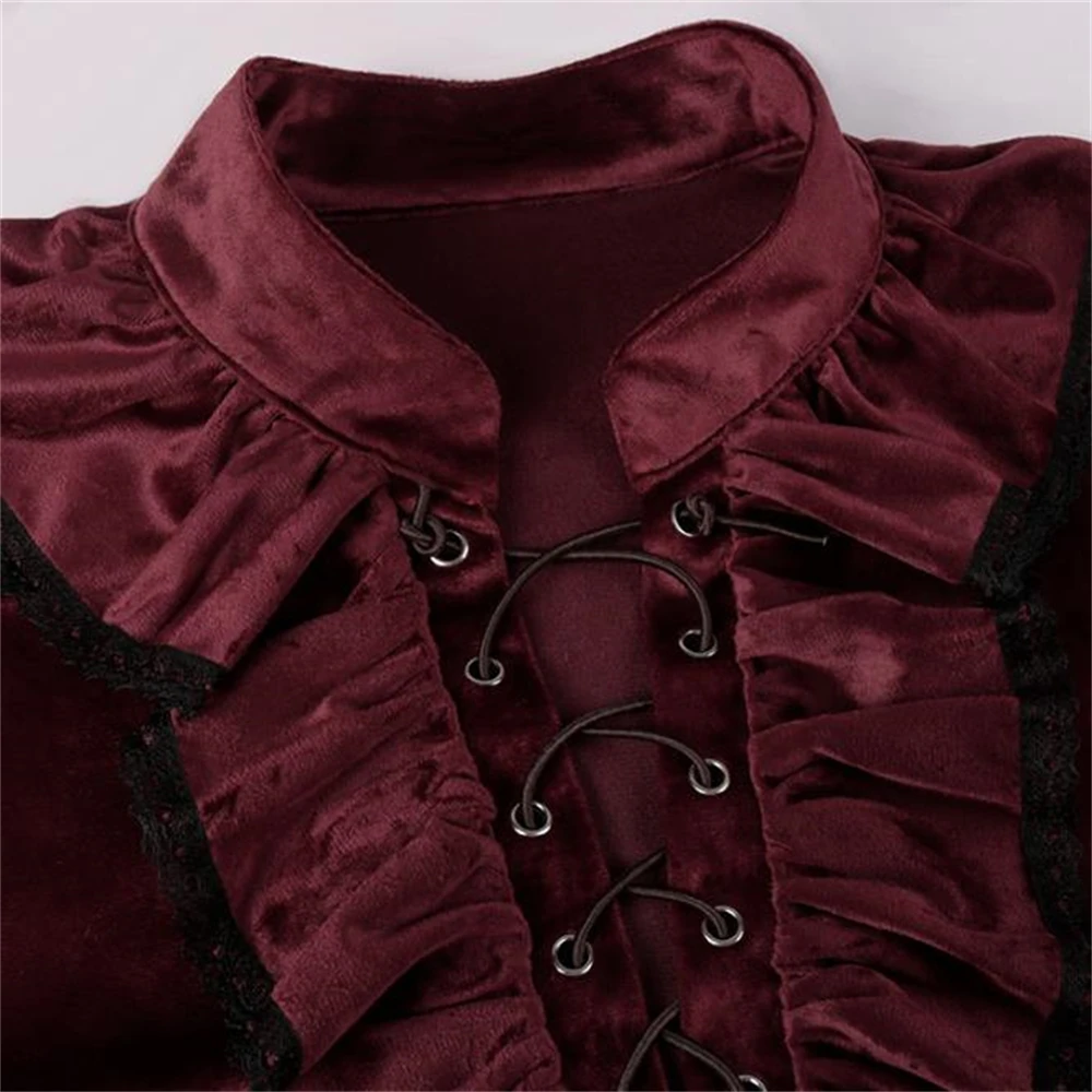 Vintage Men\'s Velvet Ruffle Shirts Medieval Victorian Blouse Long Sleeve Wine Red Lace Trim Steampunk Vampire Halloween Costume