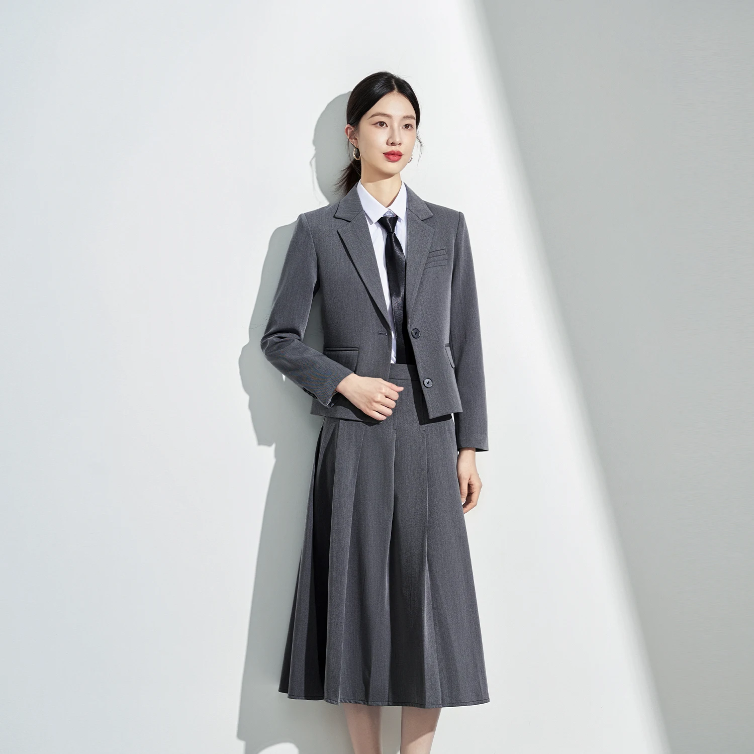 Navu outono elegante senhora do escritório ternos preto cinza gola entalhada manga longa moda profissional casual blazer e uma saia linha