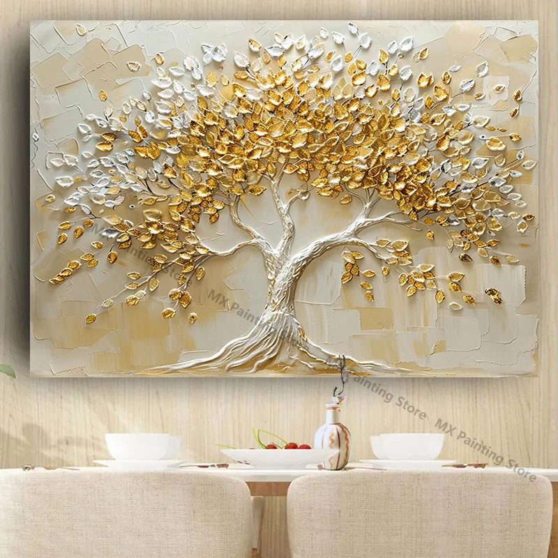 Gold Tree Landscape Oil Painting On Canvas,Posters,Abstract Textured  Tree Wall Art Living Room Decor, Unframed Pictures