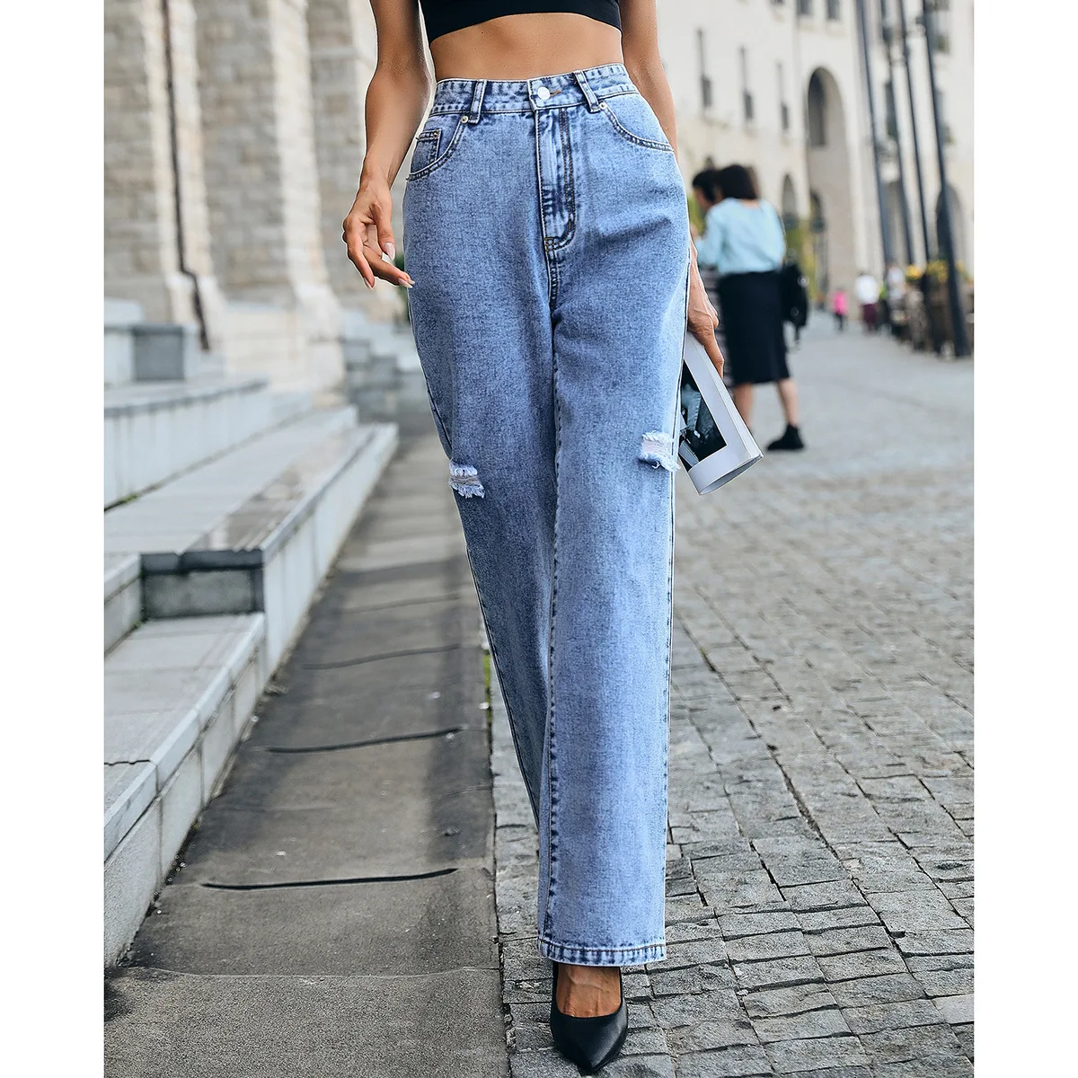 Denim Pants Vintage Wide Leg Jeans Women Korean Hole Straight Long Jean Pants High Waist Casual Loose Autumn Bagge Mom Trousers