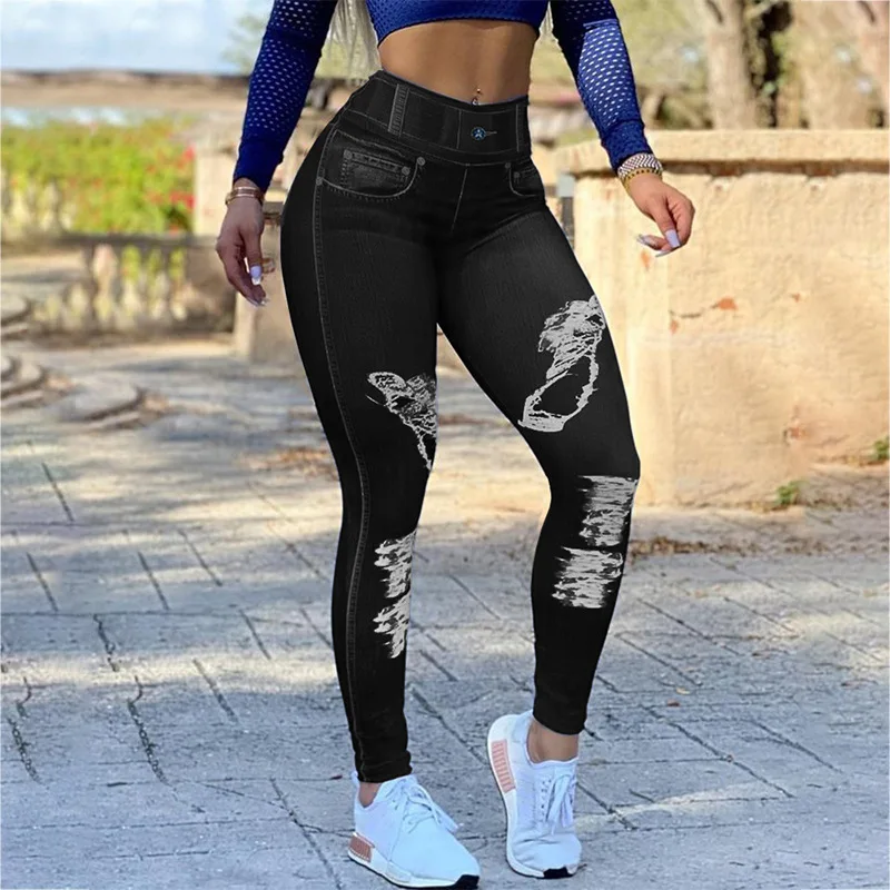 Women\'s Long Pants High Waist High Elastic Imitation Denim Printing Bottom Casual Fashion Fitness Sports Yoga Pants for Women