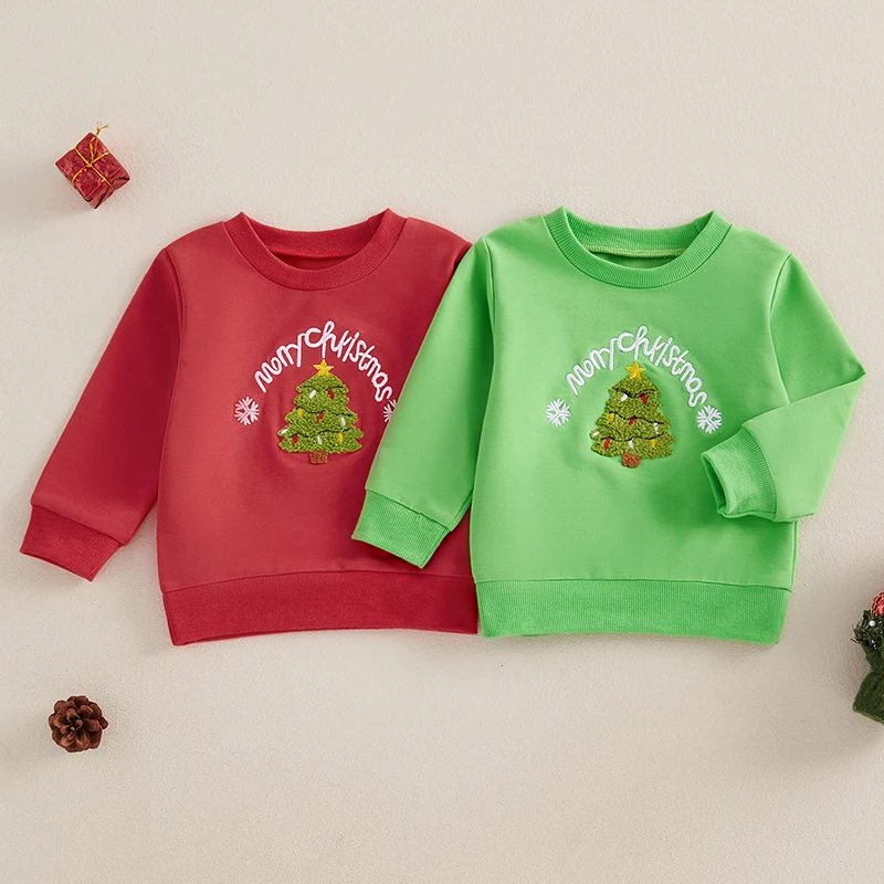 Suefunskry Toddler Girls Boys Christmas Sweatshirts Letter Santa Embroidery Crew Neck Long Sleeve Baby Pullovers Fall Tops