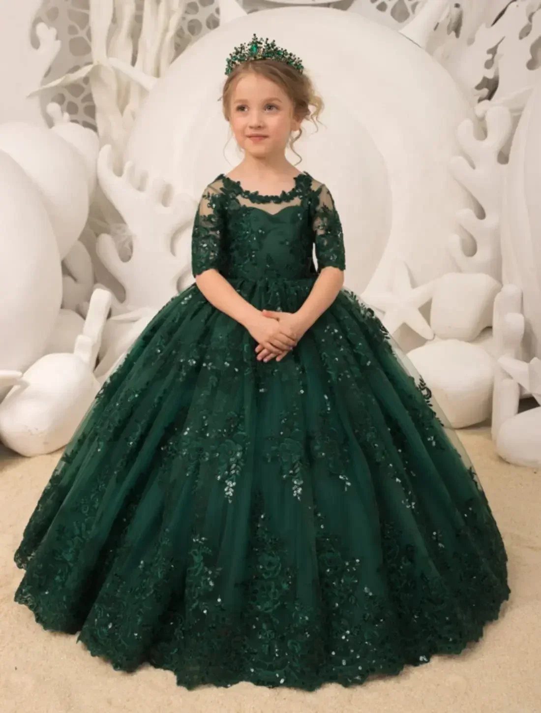 Half Sleeve Flower Girl Dress for Wedding Toddlers Sequined Lace Princess Pageant Gowns With Bow Emerald Green Birthday Dress