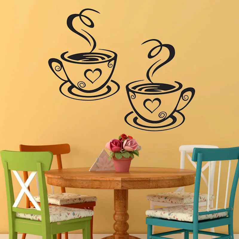 

T134# Two Coffee Cups Kitchen Bar Wall Sticker For Living Room Restaurant Background Art Decals Wallpaper Home Decoration