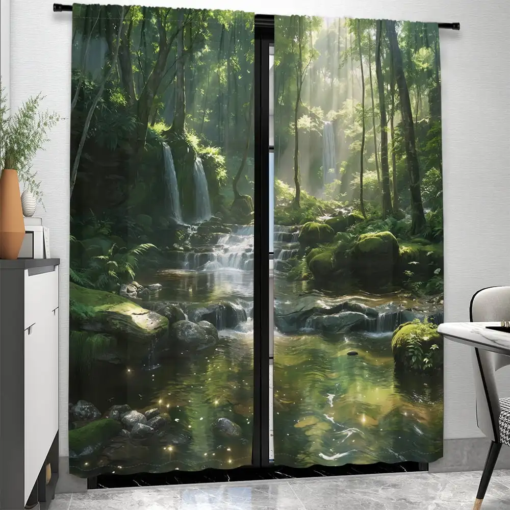 

2 шт. штор из полиэстера с эффектом персиковой кожи, с принтом природного пейзажа (лес, водопад), светопропускающие, для гостиной, спальни, офиса, декор