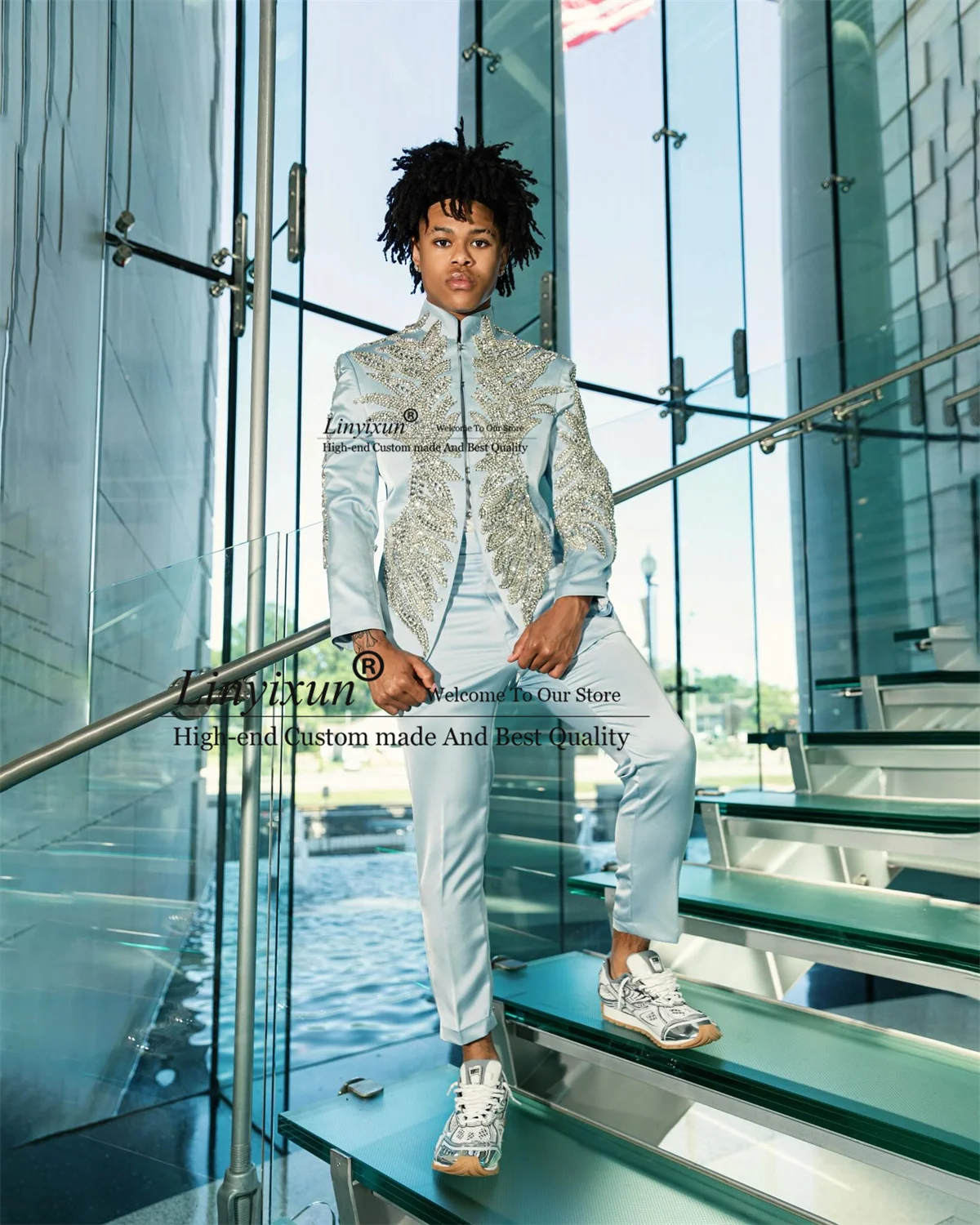

Stunning Diamond Jewel Men Suits Customized Groom Wedding Tuxedos 2 Pieces Sets Male Prom Blazer Slim Fit Party Costume Homme